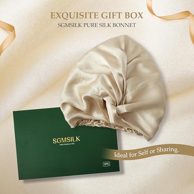 Silk Bonnet for Sleeping Women, 100% Mulberry Silk Sleep Cap with Elastic Band, Real Mulberry on Both Sides, Champagne