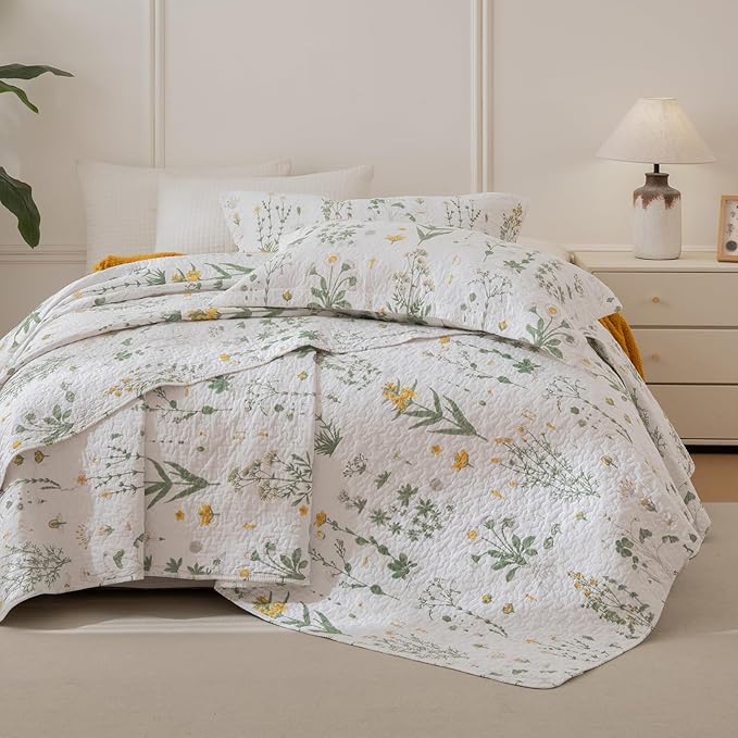 Lady Ann Cotton King Size Quilt Set - Yellow Floral & Green Leaves Pattern Botanical Printed Quilted Coverlet, 3 Pcs Lightweight Soft Cottagecore King Bedspread Set Shabby and Chic Bedding