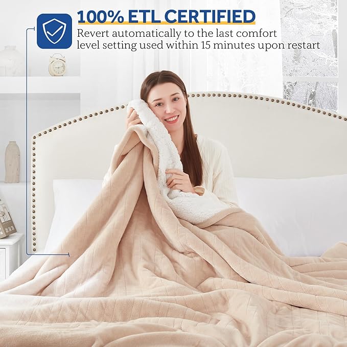 SEALY Electric Blanket Queen Size, Flannel & Sherpa Heated Blanket with 10 Heat Setting & 1-12 Hour Auto Shut Off, Fast Heating Blanket, Machine Washable, Beige, 84 x 90 Inch