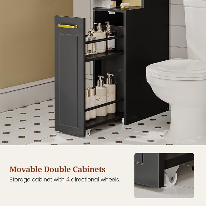 Over The Toilet Storage Cabinet with Pulley Small Bathroom Storage Cabinet, Space Saver W/Adjustable Shelf & Open Shelf for Bathroom, Restroom, Laundry (Black)