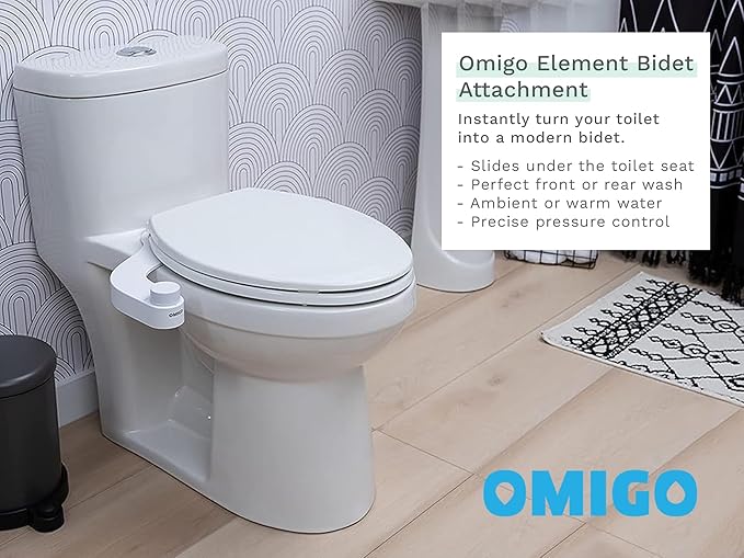 Omigo Element Bidet Attachment Non-Electric Thin Modern Design, Dedicated Rear and Front Self-Cleaning Nozzles with Pressure Control Dial (Ambient Temp, White)