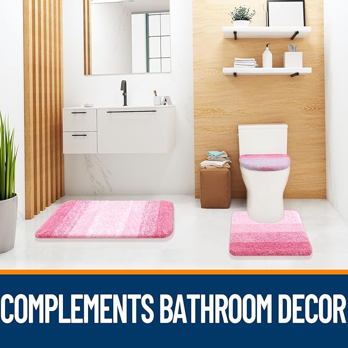 OLANLY Soft Microfiber Bathroom Toilet Lid Cover, Machine Washable Covers, 17.5x15, Stays in Place Rubber Backing, Fits Most Round, Elongated and Oblong Lids, Accessories Decor, Pink