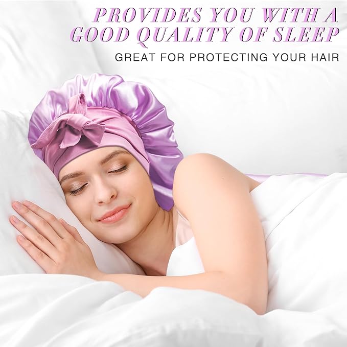 3Pcs Bonnets for Black Women Braid Bonnet, Large Long Satin Bonnet for Braids, Black Women Satin Silk Bonnet with Stretchy Tie Band Sleep Bonnet Cap for Long Curly Hair (Black&Silver Pattern&Purple)