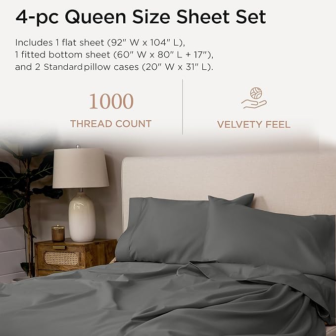 Threadmill Certified 100% American Supima Cotton Sheets, Queen Sheet Set, 1000 Thread Count, 4 Piece Luxury Bedding Set, Hotel Quality Sateen Weave, Dark Grey BedSheet with Elasticized Deep Pocket