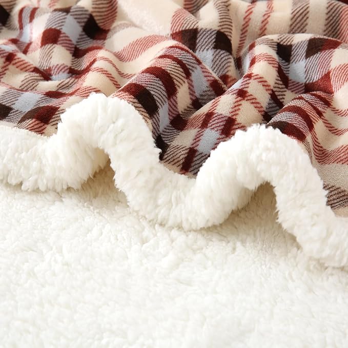 Sherpa Blanket Throw Blanket for Couch Sherpa Fleece Blanket Fluffy Checkered Soft Blanket for All Season Use Cozy Thick Warm Big Throws (Beige-Plaid, 80"*90")
