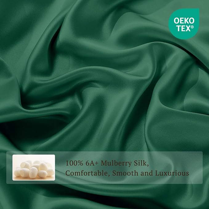 THXSILK 100% Pure Mulberry Silk Duvet Cover Set 3 Piece, 6A+ Grade Luxury Soft Bedding Silk Sheets for Hair and Skin, 1 Pcs Quilt/Comforter Cover with 2 Zippered Pillowcases (Emerald Green, Twin)