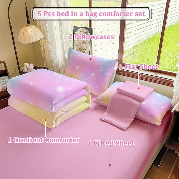 Rainbow Bedding Set Twin Size – 5 Piece Reversible Girls Comforter with Deep-Pocket Sheet, Gradient Galaxy Design, Whole-Piece Filling, Machine Washable Bed-in-a-Bag for Kids Room Makeover & Gifts