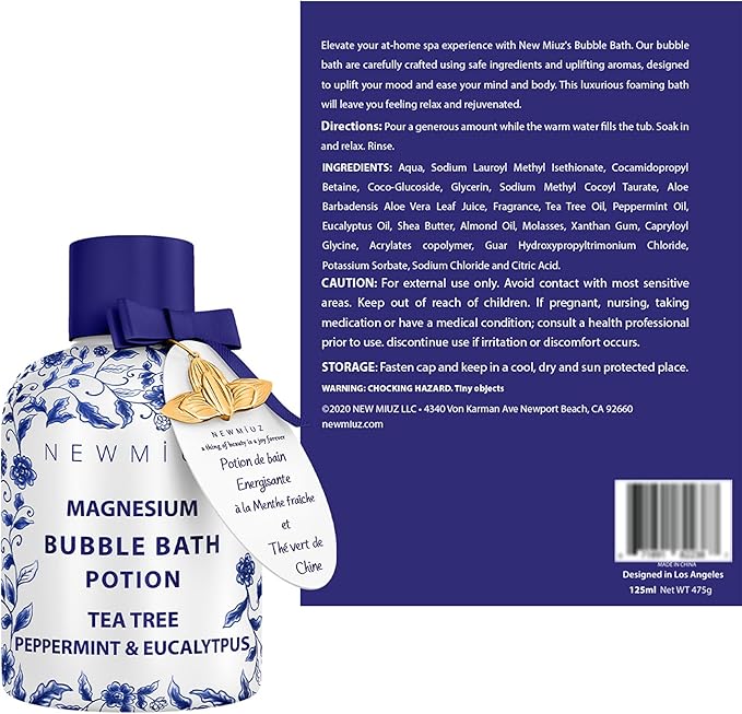 Magnesium Bubble Bath Long Lasting Foam for Sore Muscles Recovery Tea Tree Peppermint Eucalyptus Relaxing Stress Relief Calming Self Care Spa Gift