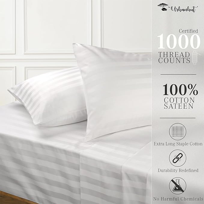 URBANHUT 1000 Thread Count Egyptian Cotton Sheets Damask Striped King Size, Long Staple Soft & Breathable, 4 Pc Bed Sheet Sets, Luxury Hotel Sateen Sheets Fits 16" Deep Pocket - White