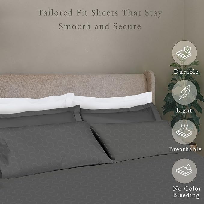 Threadmill 500 Thread Count Twin-XL Size 3 Pc Luxury Cotton Bed Sheet Set, Jacquard Floria Dark Grey, Breathable Sheets with 15" Elasticized Deep Pocket, 1 Pillowcase & Free Tote Bag