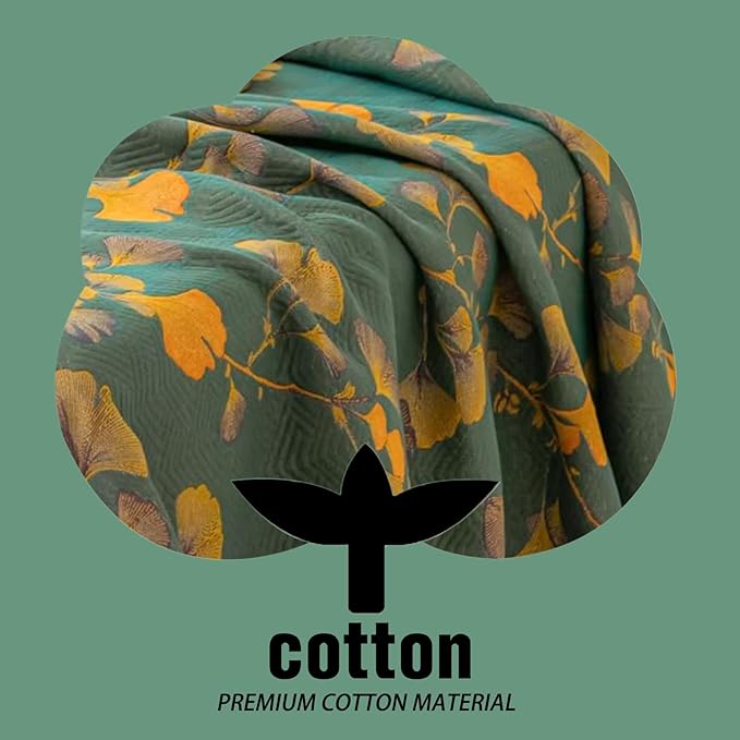 Ginkgo Leaf Quilt Queen Size Dark Green Orange Reversible Cotton Bedspread Coverlet for All Seasons Lightweight Muslin Quilt Throw Blanket for Bed, Couch