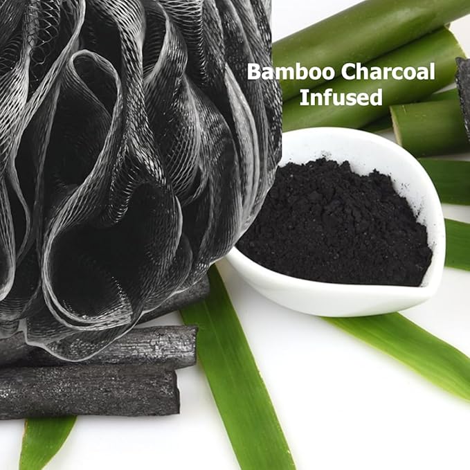 SHOWER BOUQUET Loofah-Charcoal Bath-Sponge-4-Pack // Extra-Large 75g Soft Mesh Black Loofa Lufa Loufa Luffa Puff Set/Exfoliating Body Scrubber for Women and Men - Exfoliate & Soothe Face & Body