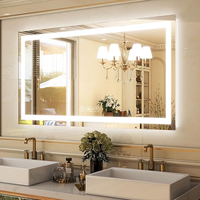 GLSLAND LED Bathroom Mirror - 48"x32" Anti-Fog Lighted Wall Mirrors with Memory Function, Dimmable, Frontlit & Backlit, Horizontally/Vertically, Tempered Glass