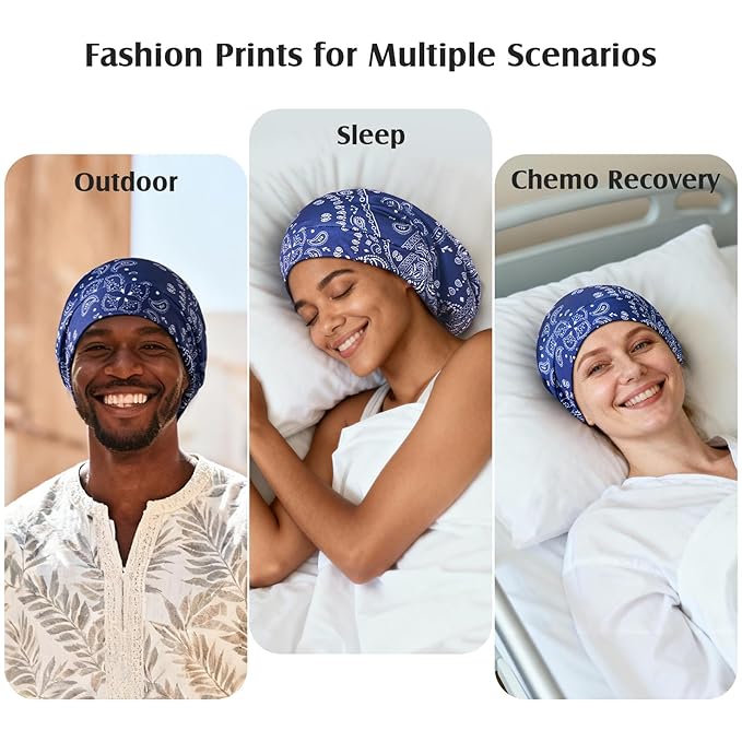 YFONG Print Pure Silk Lined Beanies for Women & Men, 22 MM Mulberry Silk Bonnet for Sleeping, Chemo Headwear, Adjustable Stay on Slouchy Hat Cap for Curly Long Hair & Braids, Blue