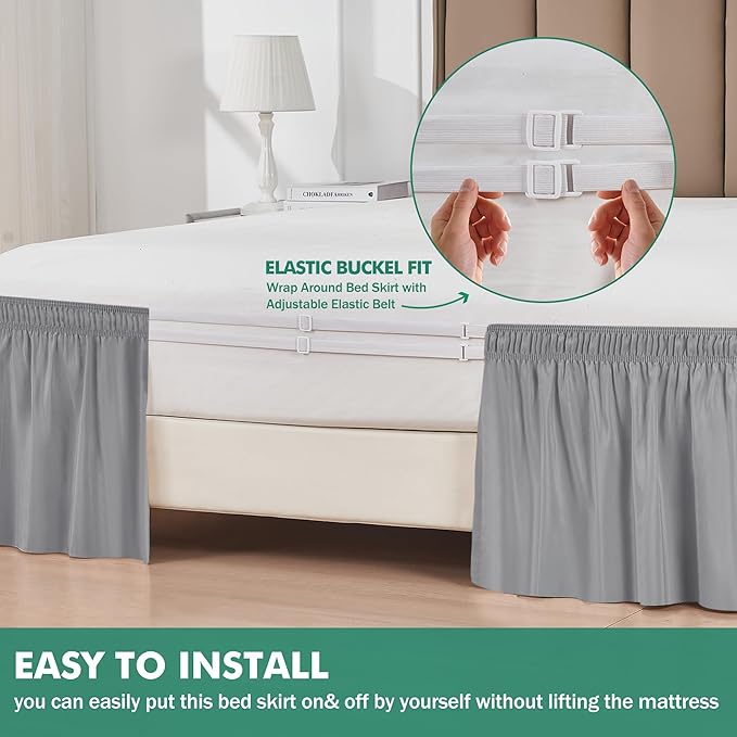 Biscaynebay Wrap Around Bed Skirts with Split Corners for King Beds 15 inch Drop, Silver Grey Adjustable Elastic Dust Ruffles Easy Fit Wrinkle Resistant Silky Luxurious Fabric Machine Washable
