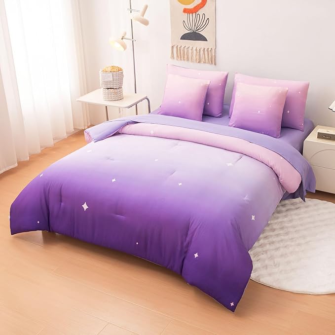 Rainbow Bedding Set Full Size – 7 Piece Reversible Girls Comforter with Deep-Pocket Sheet, Gradient Galaxy Design, Whole-Piece Filling, Machine Washable Bed-in-a-Bag for Kids Room Makeover & Gifts