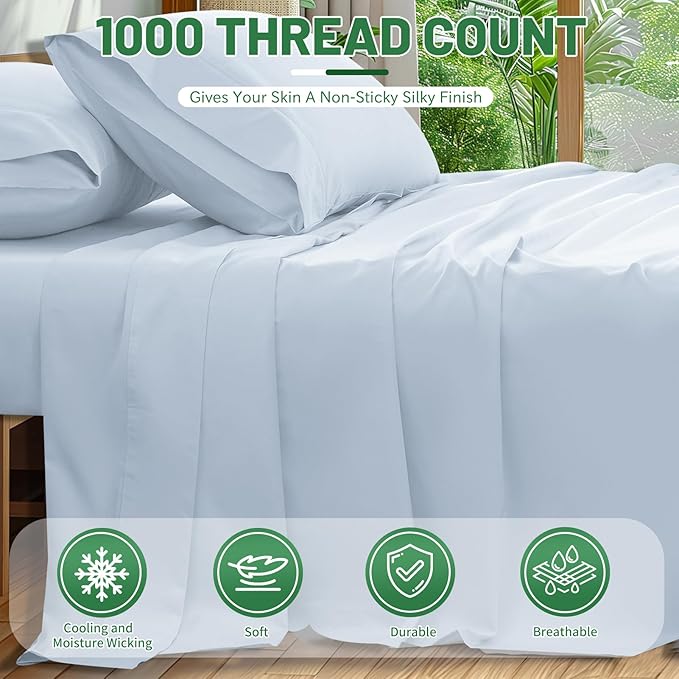100% Egyptian Cotton Sheets King Size 1000 Thread Count Sateen Weave Soft Breathable 16-Inch Deep Pocket 4PCS（King,Light Blue）