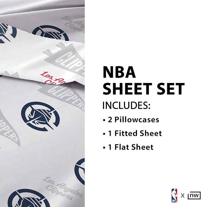 Northwest Officially Licensed Los Angeles Clippers NBA Twin Size Sheet Set – Soft Team Logo Bedding for Dorms, Bedrooms, Fan Caves & Game Day Style