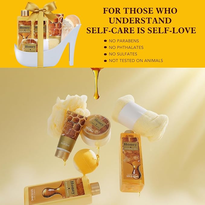Christmas Gifts for Women, Honey Spa Gift Basket for Women, Bath Set with Golden Bath Bombs & Skin-Repairing Butter, Anniversary Gifts for Her, Wife, Girlfriend
