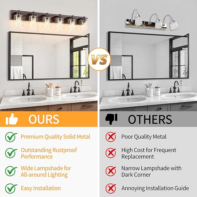 6 Light Modern Bathroom Light Fixtures Over Mirror, Bronze Finish Vanity Lights for Bathroom Wall Sconces with Clear Glass Shades, E26 Socket (Bulbs Not Included)