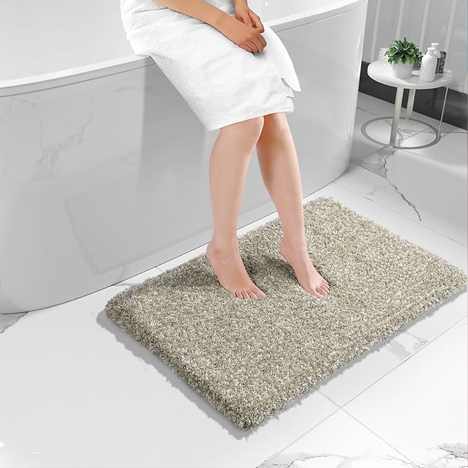 Yimobra Bathroom Rugs Non Slip Washable 36x24, Ultra Soft and Water Absorbent Bath Mats, Plush Fluffy Shower Mat Outside, Luxury Microfiber Thick Matts for Bathroom Floor/Tub, Light Tan and White