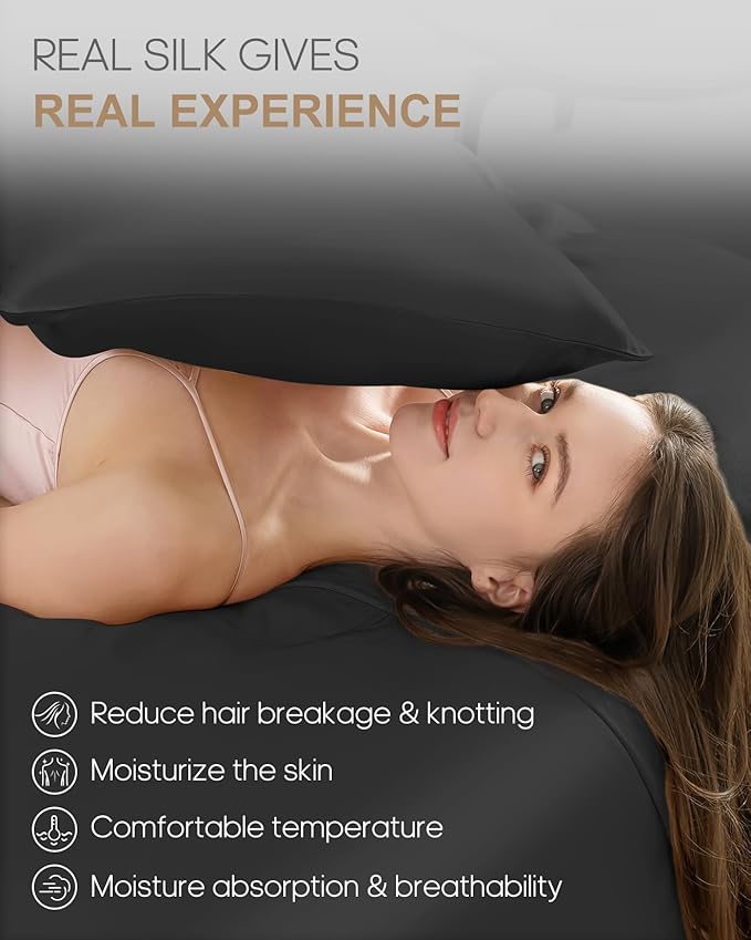 THXSILK 100% Pure Mulberry Silk Pillowcase for Hair and Skin Health, 22 Momme Soft and Smooth Pillowcase with Hidden Zipper, Both Sides Grade 6A+ Mulberry Silk, 1pc (Standard 20"x26", Black)