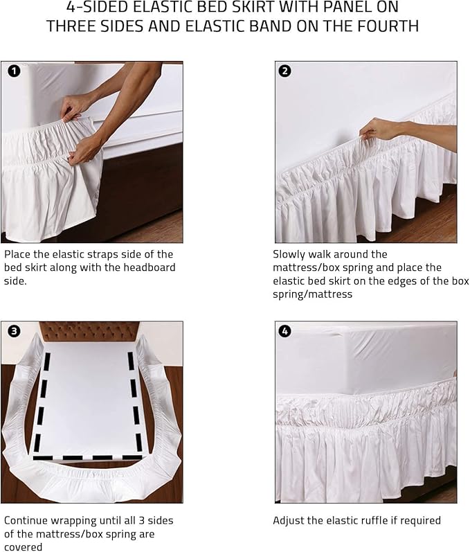 MEILA Wrap Around Bed Skirt Three Fabric Sides Elastic Dust Ruffled 14 Inch Tailored Drop,Easy to Install Fade Resistant-White, Queen/King