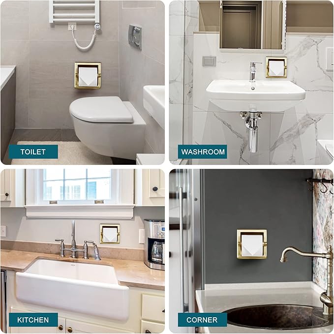 Recessed Toilet Paper Holder in Wall Mounted with Rear Mounting Bracket Stainless Steel Heavy Duty Brushed Gold Finish 6.2x6.2 Square Jumbo Mega Tissue Holder for Bathroom Wall