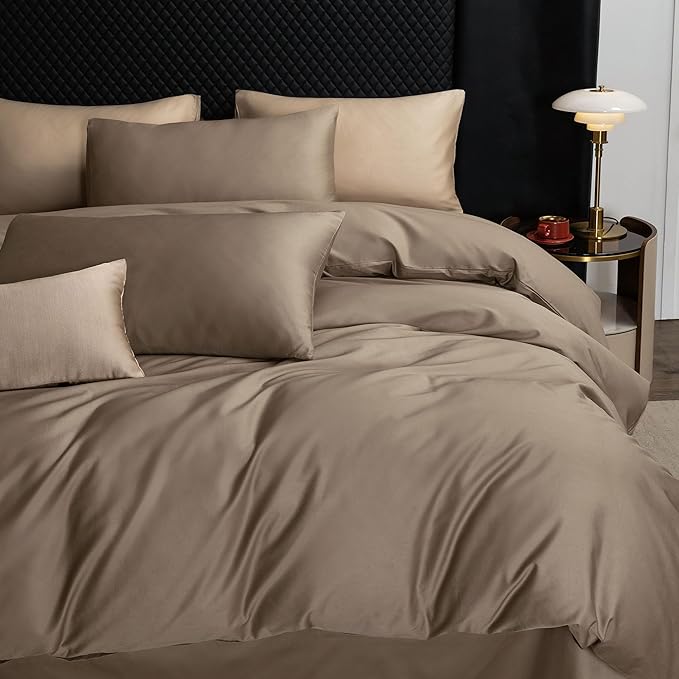 MooMee Duvet Cover Set 100% Extra Long Staple Cotton 600 Thread Count Silky Sateen Smooth Luxury Soft Breathable Durable Hotel Quality Bedding, 3 Pieces (Mocha Brown, Queen 90"x90")