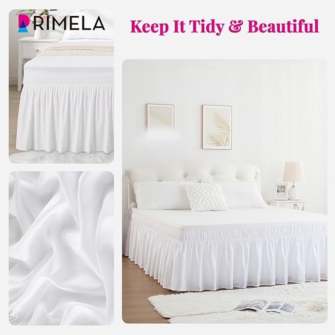 RIMELA Bed Skirt King Size White Bed Skirt 25 Inch Drop, Wrap Around Elastic Adjustable Bedskirt, Dust Ruffle for Bed Frame & Box Spring Soft Durable Fabric Machine Washable Easy to Install