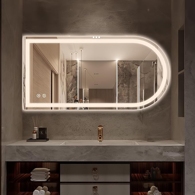 Niccy Arched LED Bathroom Mirror, 48x24 Arch Wall Mounted Frameless Bathroom Mirror for Vanity, Smart Lighted Frontlit Mirrors with Memory Function for Bathroom Bedroom Beauty Hair Salon