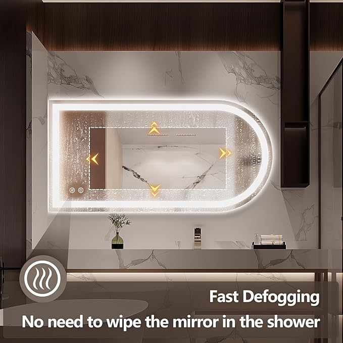 Niccy Arched LED Bathroom Mirror, 48x24 Arch Wall Mounted Frameless Bathroom Mirror for Vanity, Smart Lighted Frontlit Mirrors with Memory Function for Bathroom Bedroom Beauty Hair Salon