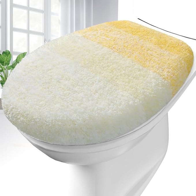 OLANLY Soft Microfiber Bathroom Toilet Lid Cover, Machine Washable Covers, 17.5x15, Stays in Place Rubber Backing, Fits Most Round, Elongated and Oblong Lids, Accessories Decor, Yellow