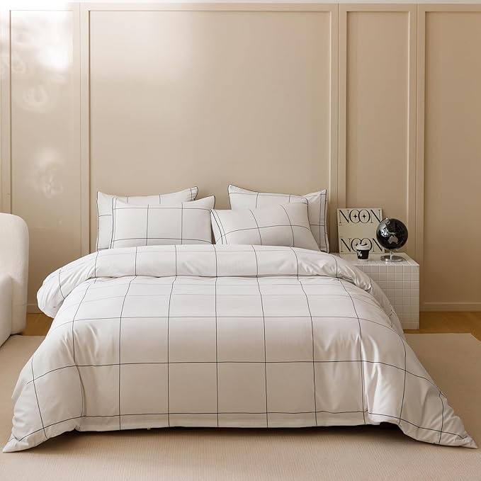KAREVER White Grid Comforter Cal King Women Black Square Lines Checkered Bedding Set California King White Plaid Comforter Cal King Size