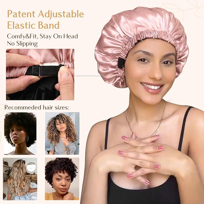 YANIBEST Adjustable Silk Bonnet Double Layer Satin Bonnet Hair Bonnet for Sleeping Bonnets for Women Hats Curly Natural Hair, Hot Pink