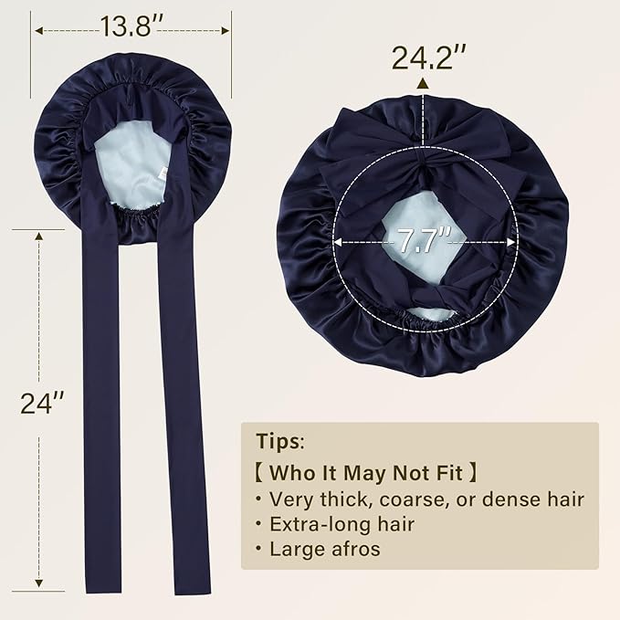 ZIMASILK 100% Mulberry Silk Bonnet for Sleeping Women Long Hair Double Layer Silk Hair Wrap with Tie Band Stay On Head (1Pc, Navy Blue)