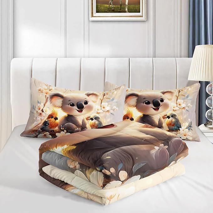Kawaii Koala Bedding Set,Cartoon Koala Parrot Floral Pattern King Size Bed Set for Kids Girls Boys Room Decor,Cute Beddings with 2 Pillowcases.