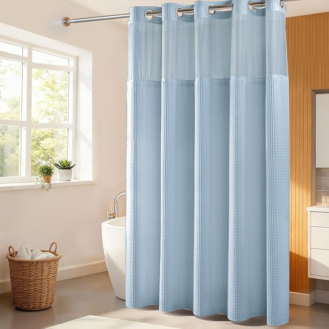 River Dream Misty Blue Fabric Shower Curtain Set, Cotton Blend, Waffle Weave, with Snap in Replacement Liner，71 x 74 inches