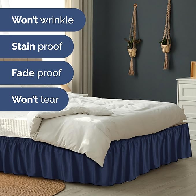 Wrap Around Dust Ruffle Bed Skirt - Navy Blue - for Full Size Beds with 21 Inch Drop - Elastic Strap - Adjustable Pleated Bedskirt with Brushed Fabric and Wrinkle Free - for Women, Men, Kids & Teens