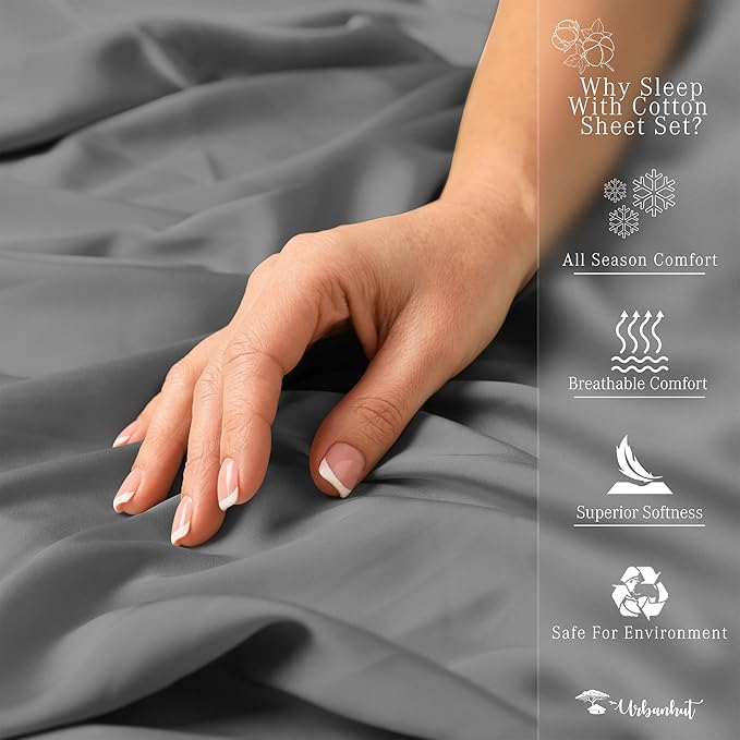 URBANHUT 700 Thread Count Egyptian Cotton Sheets Twin Size, 4Pc Sheet Set Soft Luxury Bed Sheets for Twin Size Bed, Sateen Weave Hotel Sheets, 14'' Elasticized Deep Pocket - Dark Grey