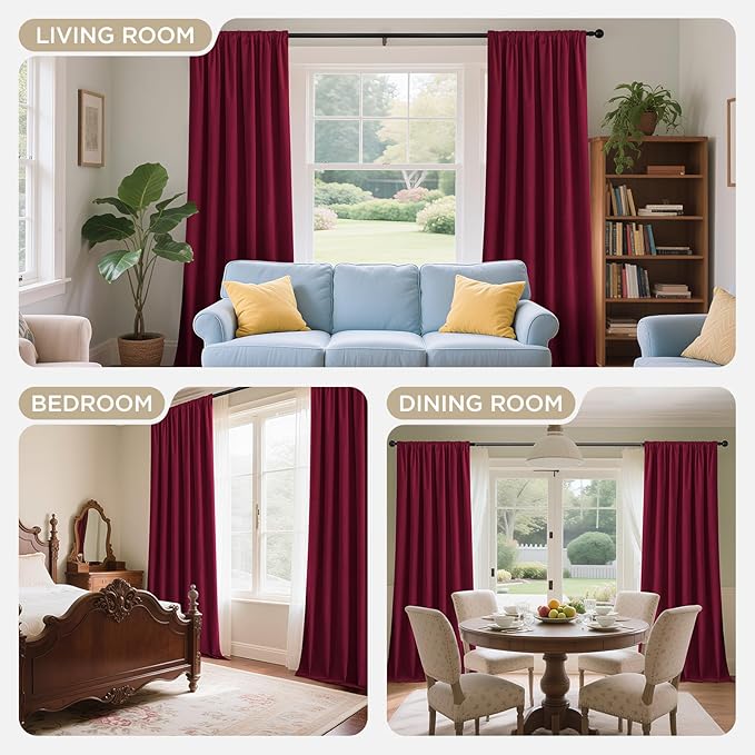 Joydeco Red 100% Blackout Curtains 102 Inch 2 Panels, Luxury Thermal Red Velvet Curtains for Bedroom Living Room, Soundproof Blackout Window Drapes, Rod Pocket & Back Tab (52W x 102L)