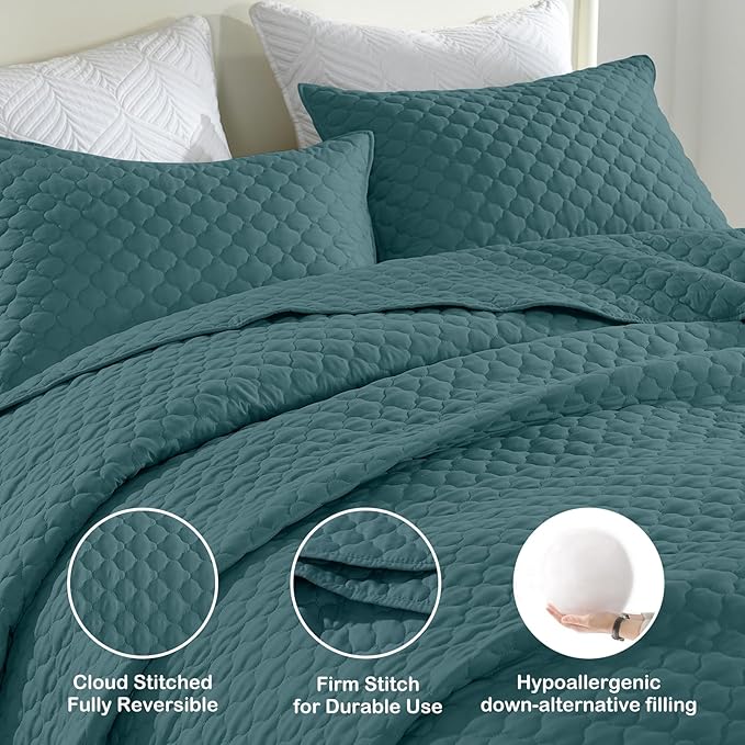 HORIMOTE HOME Quilt Queen Size Teal Blue, Lightweight Quilt for Summer Ultra-Soft Microfiber Modern Style Quilted Clouds Pattern Bedspread Quit Set 3 Pieces(1 Quilt and 2 Pillow Shams)