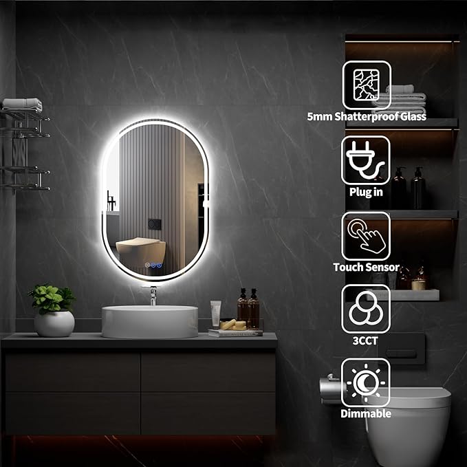 Bathroom Mirror 24"x40" LED Bathroom Mirror with Lights, Anti-Fog, Dimmable Oval Mirrors with Front Light and Backlit, Modern Farmhouse Wall Mounted Mirror for Decorative