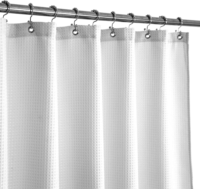 Longer Shower Curtain with 75 inch Height Fabric, Waffle Weave, Hotel Luxury Spa, Water Repellent, 230 GSM Heavy Duty, Machine Washable, White Pique Pattern Decorative Bathroom Curtain