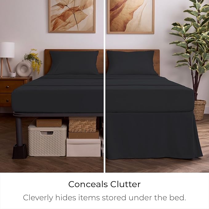 Mellanni Bed Skirt King Size - Bed Skirting - 15-Inch Tailored Drop Pleated Dust Ruffle - Hotel Luxury Bedding - Wrinkle, Fade, Stain Resistant - 1 Bedskirt (King, Black)