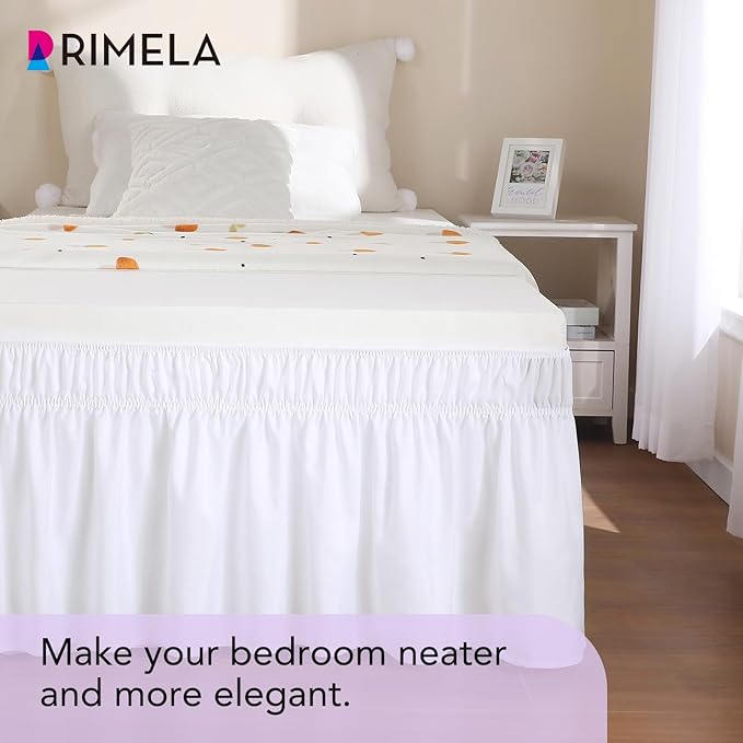 RIMELA White Bed Skirt Twin Size 15 Inch Drop, Elastic Bed Skirting for Bed Base and Frame, Bedding Dust Ruffle Easy to Install, Lightweight Wrap Around Adjustable Bedskirt