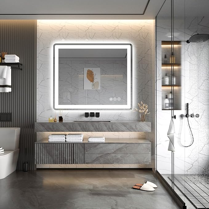 36x30 LED Bathroom Mirror with Lights, Rounded Rectangle Bathroom Mirror for Wall, Anti-Fog, Dimmable, Backlit + Front Lit, Lighted Bathroom Vanity Mirror Tempered Glass(Horizontal/Vertical)