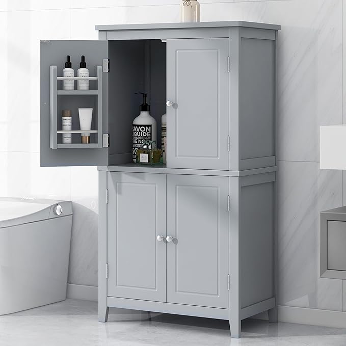 Freestanding Storage Cabinet with 4 Doors,Elegant Organizer Unit with Adjustable Shelves, Sturdy MDF Frame, Anti-Tipping Design, Large Capacity for Bathroom, Kitchen, Office, Home, Grey