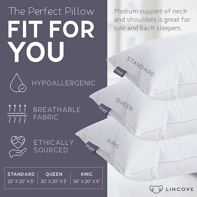 Lincove Recreation Sleeping Pillow, Filled with Premium Down, 600 Fill Power – Includes A Pillow Protector, 400 Thread Count Pillow Shell, King - Firm, 2 Pack