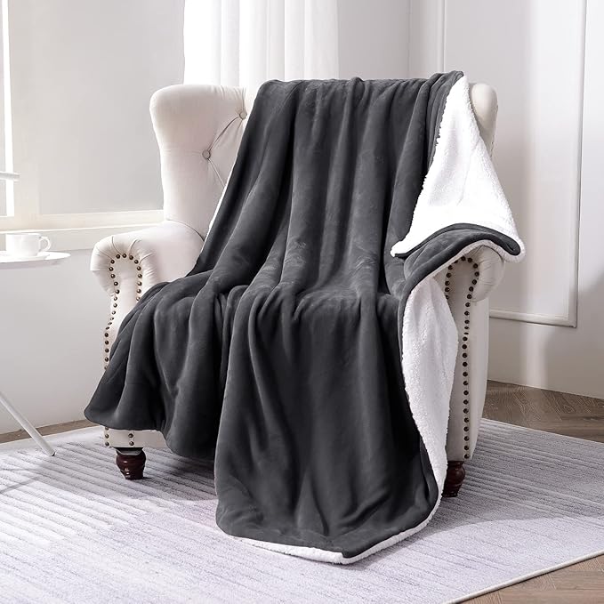 SOCHOW Sherpa Fleece Throw Blanket, Double-Sided Super Soft Luxurious Plush Blanket Queen Size 90 inchx90 inch, Dark Grey